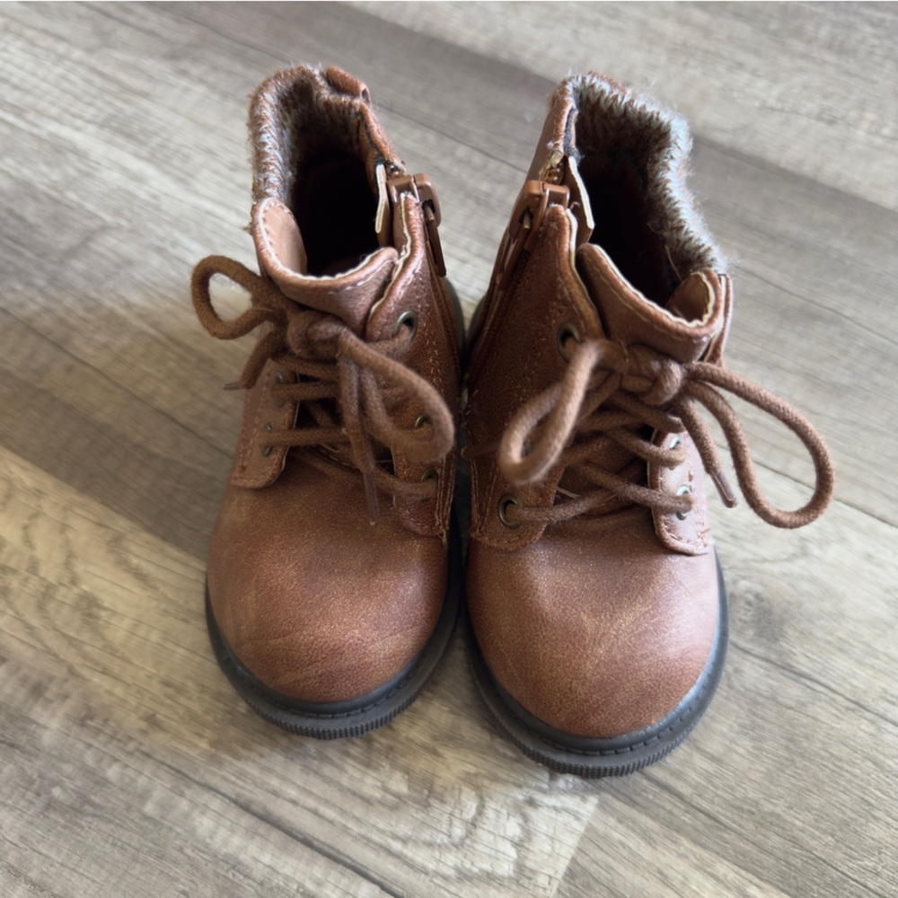 Wonder Nation Brown Boots with Knitted Trim and Lace-Up Design